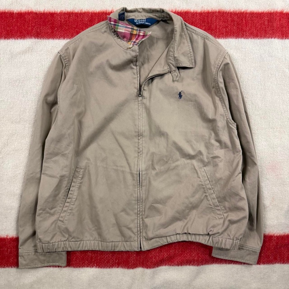 Vintage Polo Ralph Lauren Harrington Jacket Madras Collar Tan XL Zip Up Mens